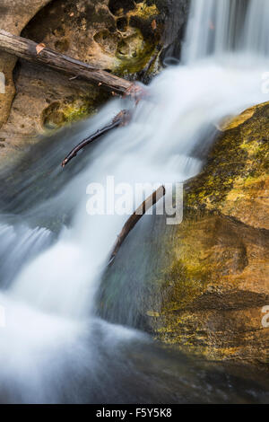 Waterfall, long exposure, in the upper region of Kent Falls State Park in western Connecticut. Stock Photo