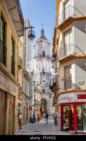 view of the steeple of Iglesia San Juan through Calle San Juan in the historic center of Malaga, Andalusia, Spain Stock Photo