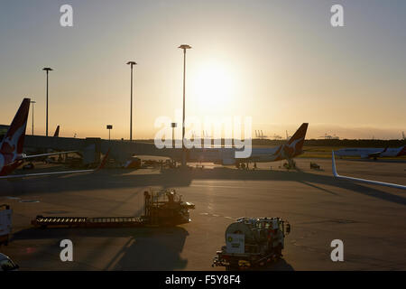 Brisbane domestic airport at sunrise from the departure lounge. Stock Photo