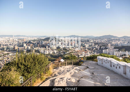 An aerial view of Seoul, South Korea capital city, from an hill north of the city that offers various popular hiking trails alon Stock Photo