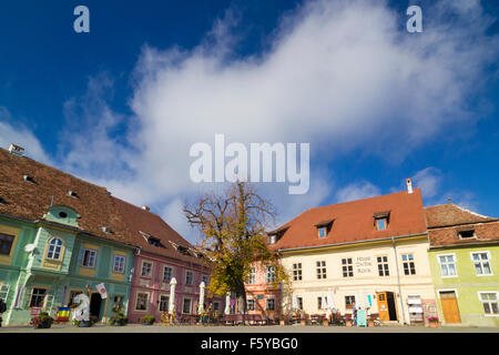 Main square of Sighisoara - the town where Vlad Tepes-Draculea was born. Transylvania, Romania Stock Photo