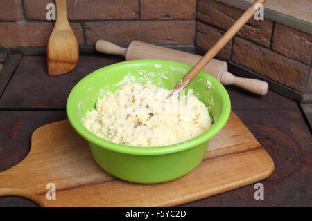 Making Cottage Cheese Pancakes. Batter in bowl. Stock Photo