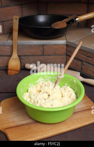 Making Cottage Cheese Pancakes. Batter in bowl. Stock Photo