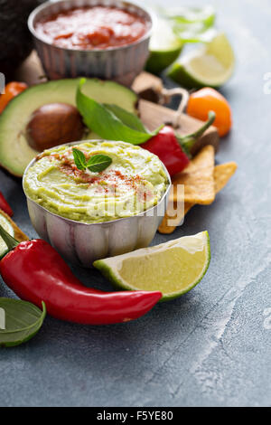 Mexican cuisine ingredients and guacamole copy space on gray