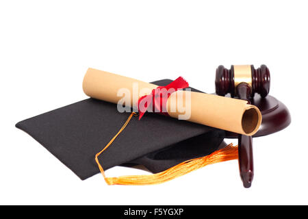 Black Graduation Hat with Diploma and Gavel Isolated on White Background Stock Photo