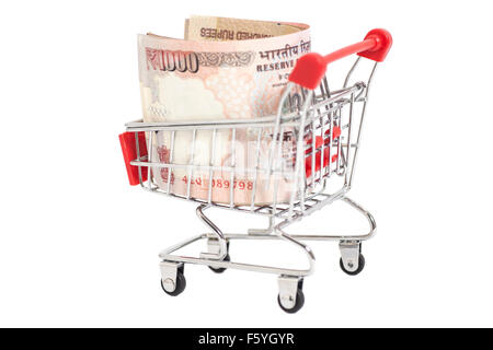 Indian 1000 rupees in shopping cart isolated on white background Stock Photo