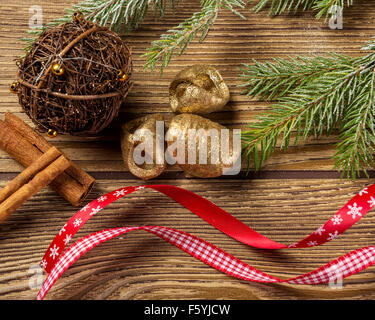 Christmas decoration, on wood background pine tree branch,ornaments Stock Photo