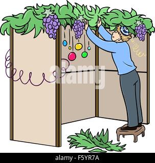 A vector illustration of a Jewish guy standing on a stool and building a Sukkah for the Jewish holiday Sukkot. Stock Vector