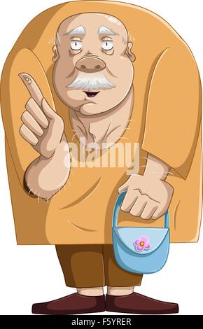 a vector illustration of a nice old man standing, holding a blue purse and pointing with his finger to ask a question. Stock Vector