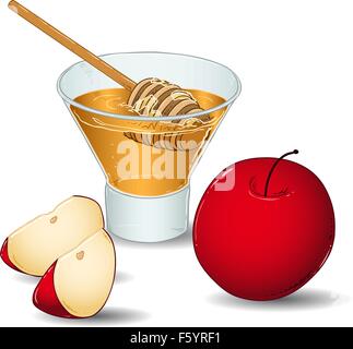 A vector illustration of a glass filled with honey and a special honey serving spoon and an apple and two slices of apple on the Stock Vector