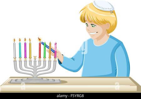 A vector illustrations of a jewish boy lighting Hanukkiah candles for Hanukkah. Stock Vector
