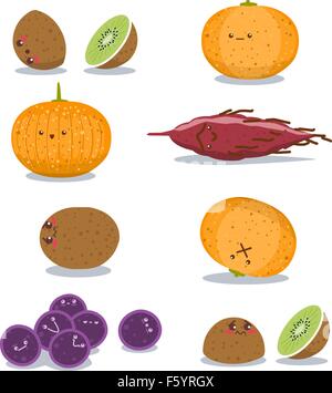 A pack of vector illustration of grapes sweet potato kiwi and orange in funny poses. Stock Vector