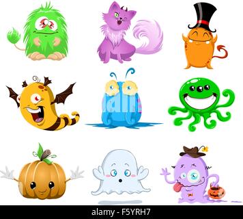 A vector illustration of cute funny and scary monsters for Halloween. Stock Vector