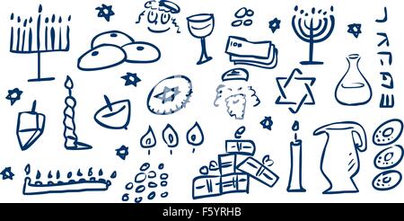 A pack of vector illustrations of Hanukkah related doodles for the Jewish holiday. Stock Vector