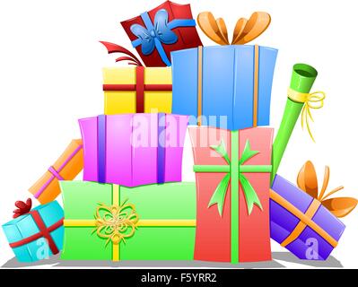 A vector illustration of a pile of gift boxes wrapped for the holidays. Stock Vector