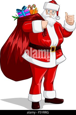 A vector illustration of Santa Claus holding a huge bag full of presents for Christmas. Stock Vector