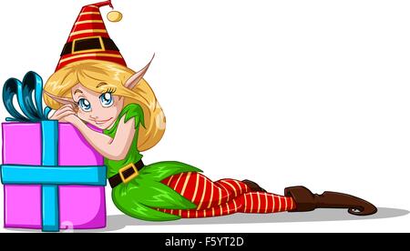 A vector illustration of an elf girl laying and leaning on a Christmas present. Stock Vector