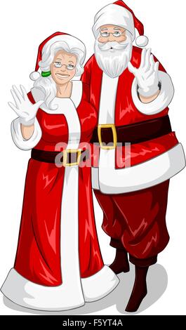 A vector illustration of Santa and Mrs Claus standing hugged and waving their hands for Christmas. Stock Vector