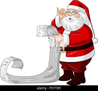 A vector illustration of Santa Claus holding and reading from his Christmas list of good and bad children. Stock Vector