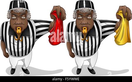 A vector illustration of a football referee holding a red or yellow flag and whistles. Stock Vector