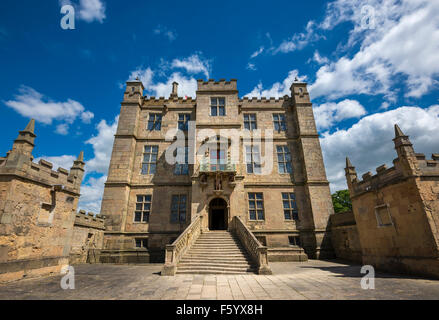 The Little Castle front view with steps leading up the front door at Bolsover Castle, Derbyshire.