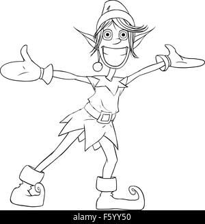 Vector illustration coloring page of a Christmas elf spreading his arms and smiling. Stock Vector