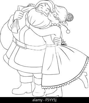 Vector illustration coloring page of Mrs Claus kisses Santa on cheek and hugs him for christmas. Stock Vector