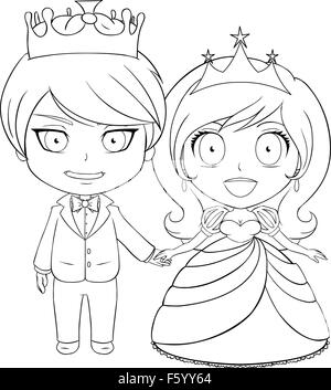 Vector illustration coloring page of a prince and princess holding hands and smiling. Stock Vector