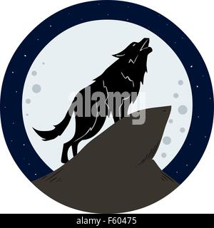 Vector illustration of a wolf howling to the moon at night. Stock Vector