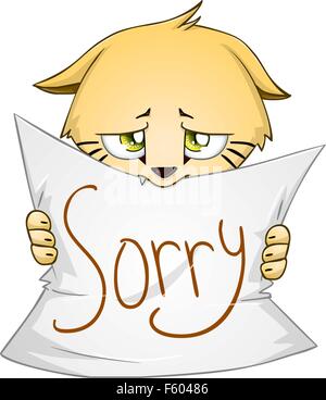Vector illustration of a cute kitten holds sign of apology Stock Vector