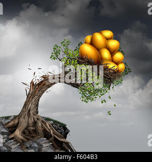 Financial success problem and investment stress symbol as a growing tree breaking due to the excess weight of growth income as a group of golden nest eggs pushing the plant down. Stock Photo