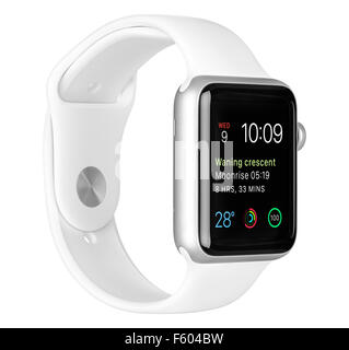 Varna, Bulgaria - October 16, 2015: Apple Watch Sport 42mm Silver Aluminum Case with White Band with clock face on display. Stock Photo