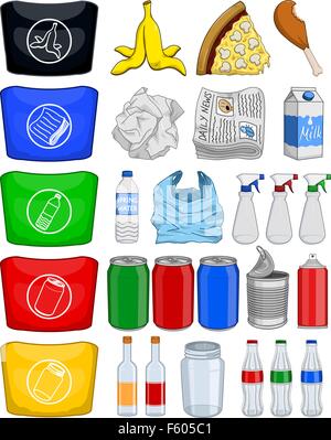 Vector illustration pack of organic paper plastic aluminium and glass items for recycling. Stock Vector