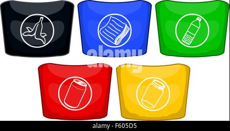 Vector illustration pack of five different trash cans with logo for recycling. Stock Vector
