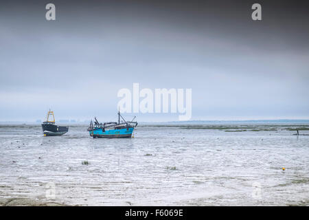 Cockle boats moored on the mudflats at Leigh on Sea in Essex. Stock Photo