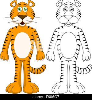 Vector illustration set of a cute humanoid orange tiger with lineart. Stock Vector