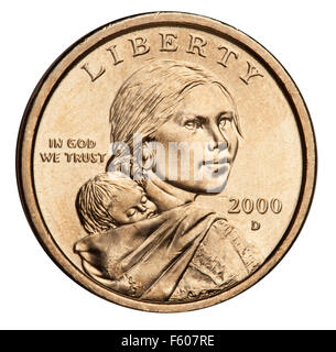 Sacagawea dollar coin 2000-2008: Glenna Goodacre's portrait of Sacagawea carrying her son Jean Baptiste Charbonneau Stock Photo