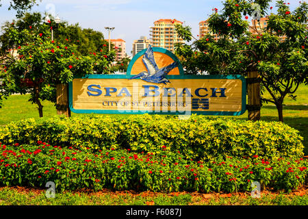Spa Beach signboard in the city of St. Petersburg Florida Stock Photo