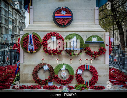 London, UK. 9th November, 2015.  Poppy wreaths at the Cenotaph for Remembrance Day.  Bailey-Cooper Photography/Alamy Live News Stock Photo