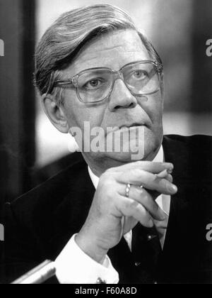 German chancellor Helmut Schmidt, typically with cigarette, during a press conference on 19 October 1978 in Bonn.