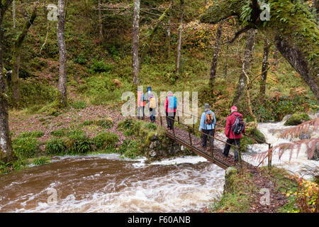 Ramblers on footbridge crossing Afon Teigl river during heavy rain in Vale of Ffestiniog in Snowdonia. Llan Ffestiniog Wales UK Stock Photo