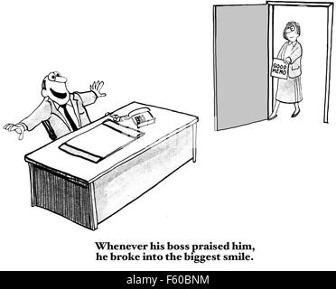 Business cartoon of boss saying 'good memo' and worker, '...  boss praised him, he broke into the biggest possible smile'. Stock Photo