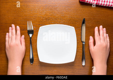 female hands near empty plate on the table Stock Photo