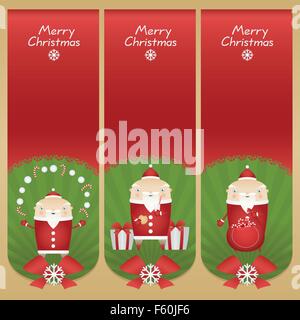 Set vector cartoon banners with flat icons Santa Claus with snowballs, candy sticks, glass of milk, cookie, presents and red sac Stock Vector