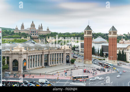 The Venetian Towers of Plaa d'Espanya or Spain square, also known as Plaza de España and The Museu Nacional d’Art de Catalunya Stock Photo