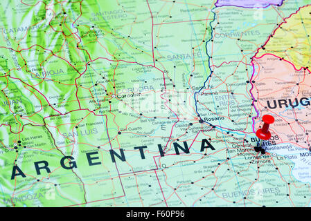 Buenos Aires pinned on a map of Argentina Stock Photo