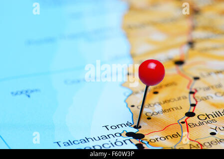 Tome pinned on a map of Chile Stock Photo