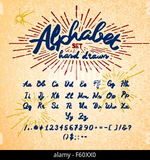 Hand drawn Alphabet. Vector Ink lettering font. Typographic design, Letters, Numbers, Symbols on Paper texture. Vector of Trendy Stock Vector