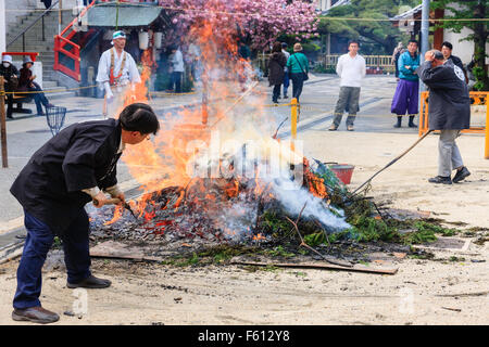 Japan, Nishinomiya, Mondo Yakuji temple. A Japanese priest, wearing a black yukata, using a rake to pull ritual bonfire apart after a ceremony. Stock Photo