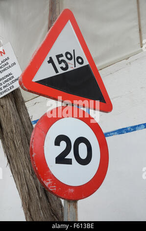 traffic warning sign 15% slope, Ibiza Spain Stock Photo